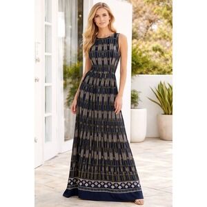 Alysi Chocolat Size 4 Maxi Dress Navy Geo Tribal Print Art Deco Resortwear